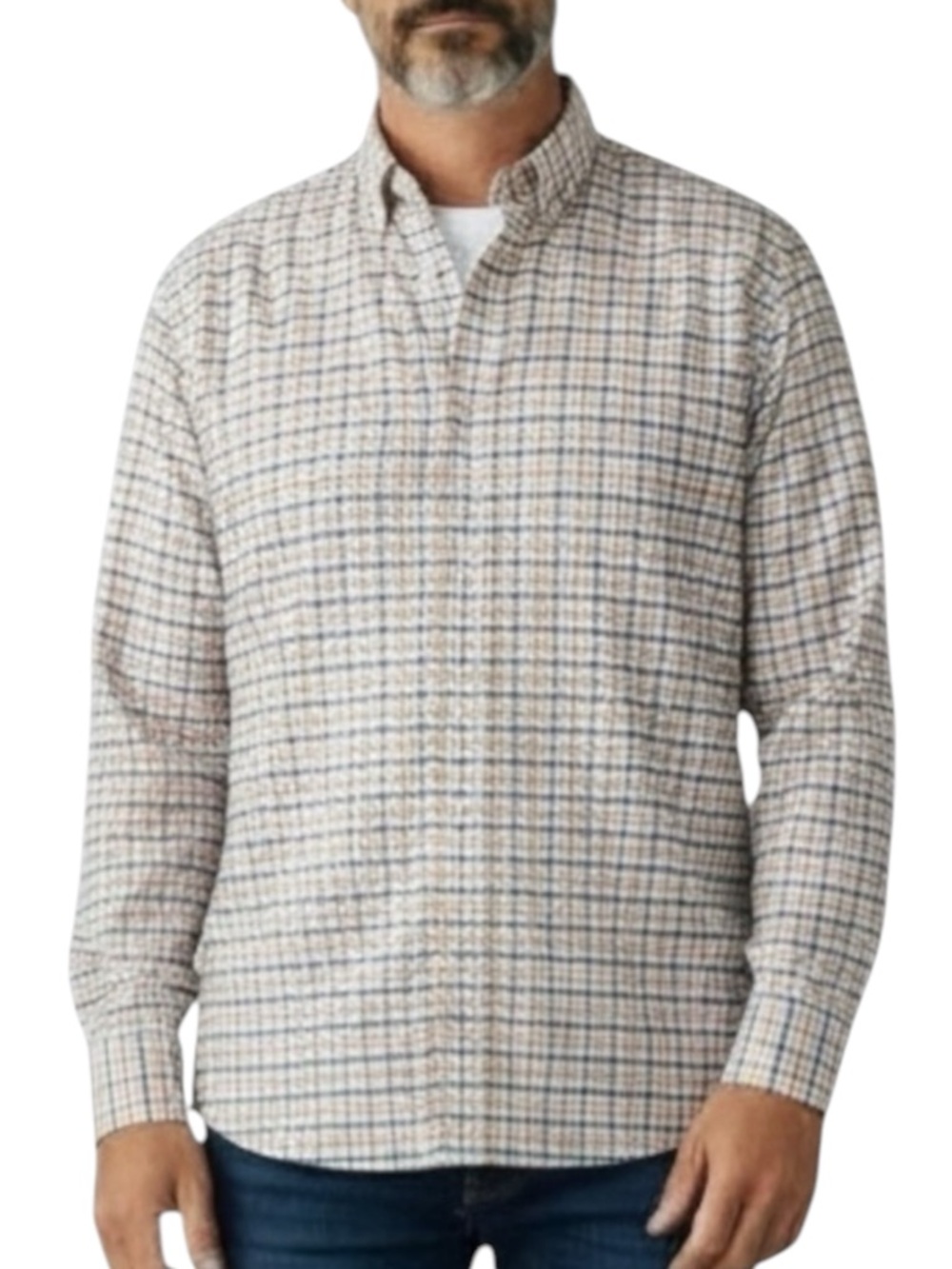 LANDS’ END Supima No Iron Oxford Checkered L/S Shirt Blues/Orange Size 17.5 - 35
